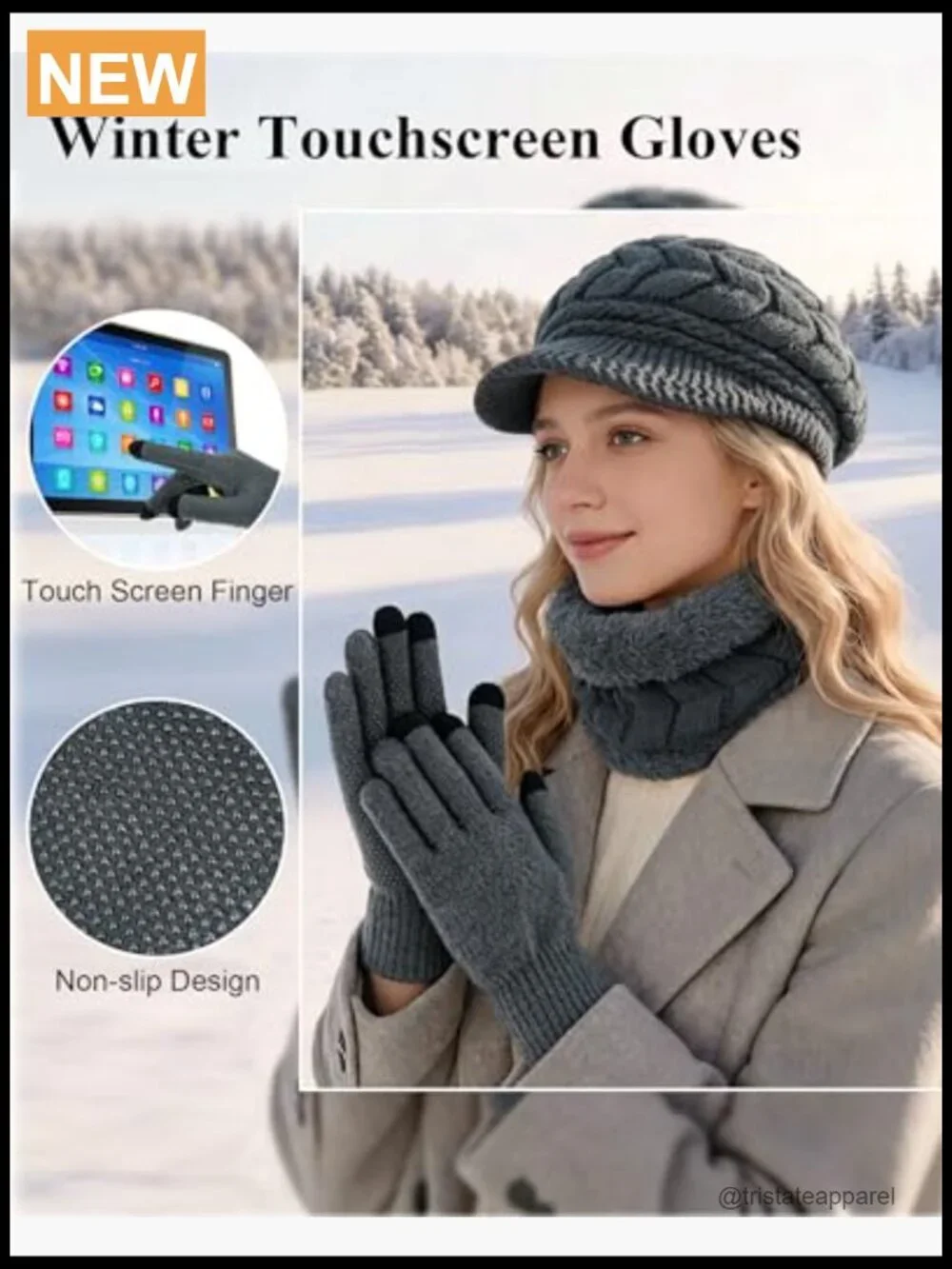 3-Piece Knit Hat Gloves Scarf Set Touch Screen Mittens Winter Beanie Neck Warmer
